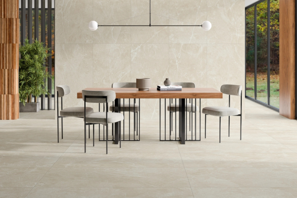 Béžová dlažba v imitácií betonu do obývačky